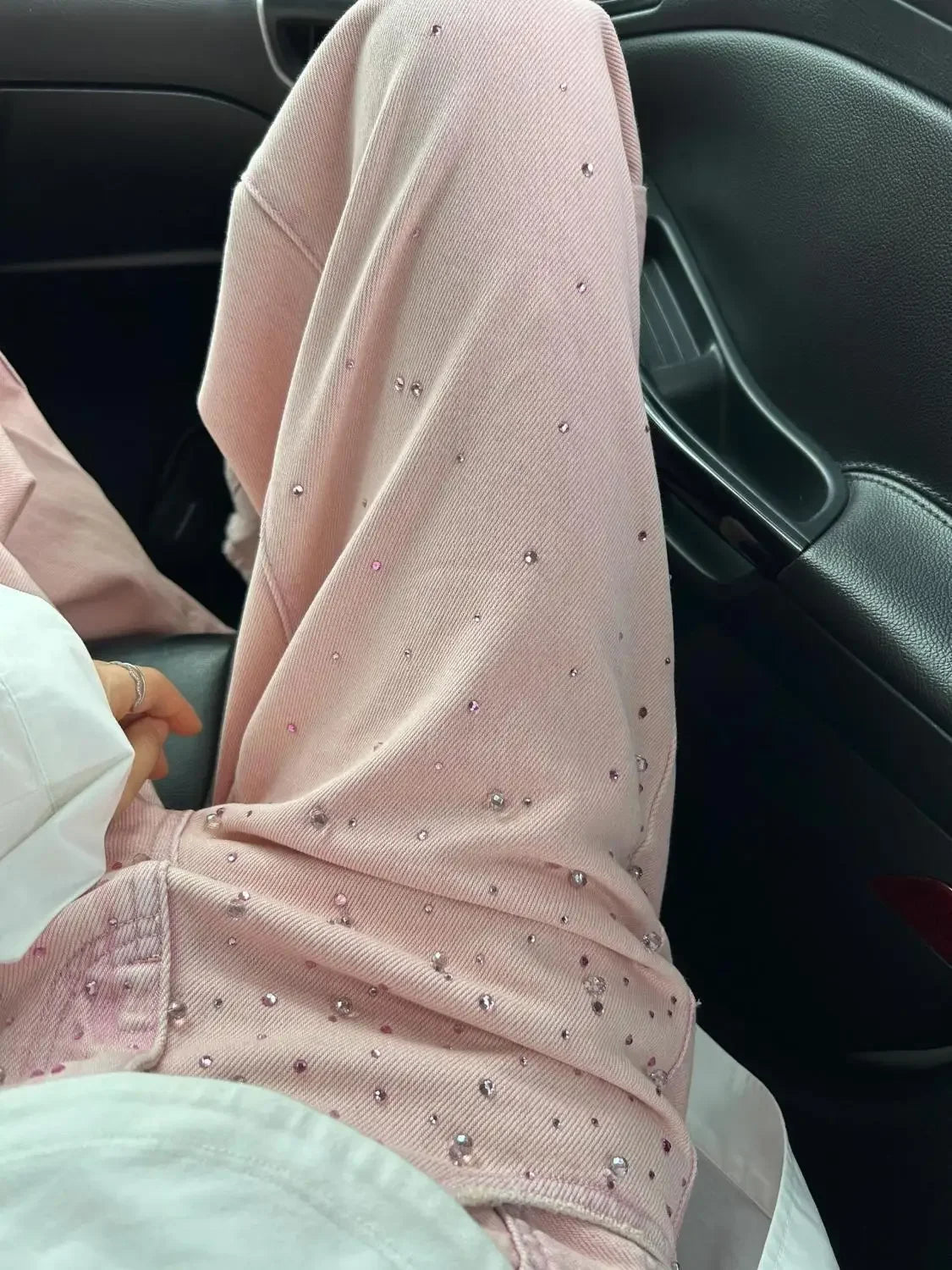 Pants for Women Ripped Trousers Pink with Rhinestones High Waist Shot Straight Leg Pockets Woman Jeans Retro Fashion Casual Wide