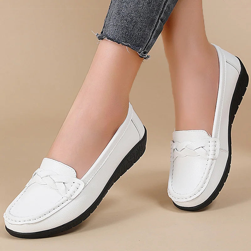 Women’s Leather Flat Shoes 2025 – Casual Loafers White Footwear