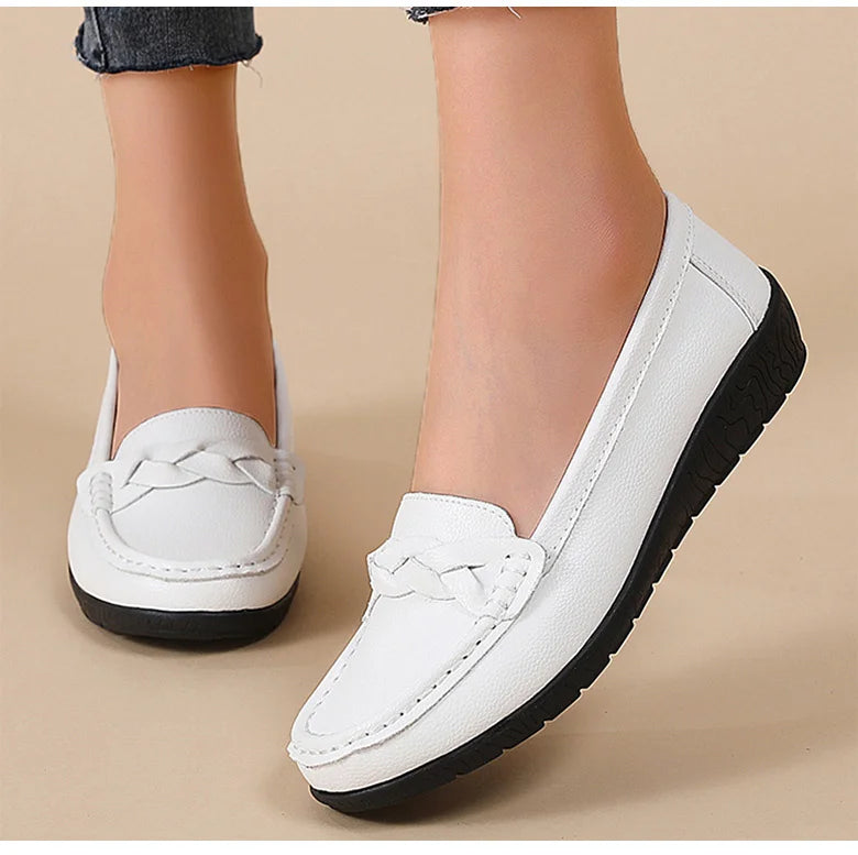 Women’s Leather Flat Shoes 2025 – Casual Loafers White Footwear