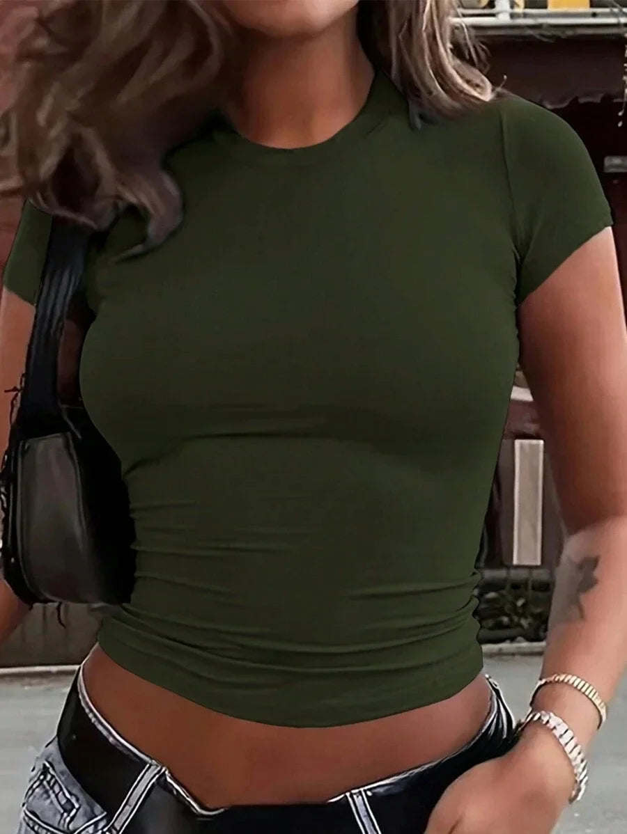 Women's Crew Neck Short Sleeve Tops Double Lined Slim Fit T Shirts Basic Tee Smoke Cloud Pro Collection