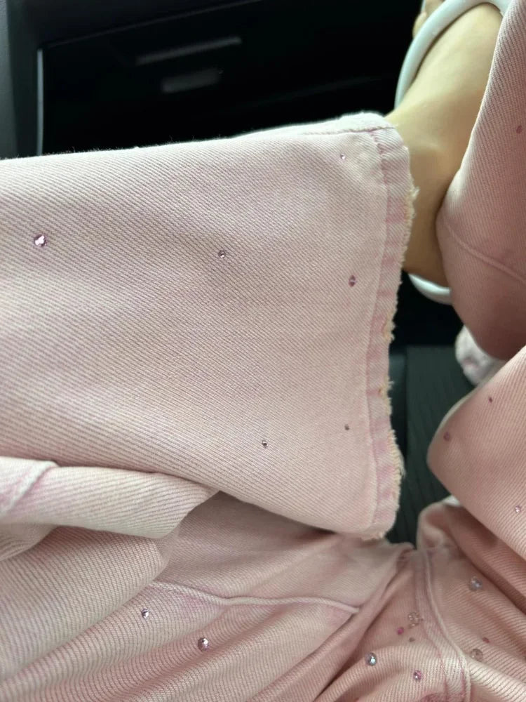 Pants for Women Ripped Trousers Pink with Rhinestones High Waist Shot Straight Leg Pockets Woman Jeans Retro Fashion Casual Wide