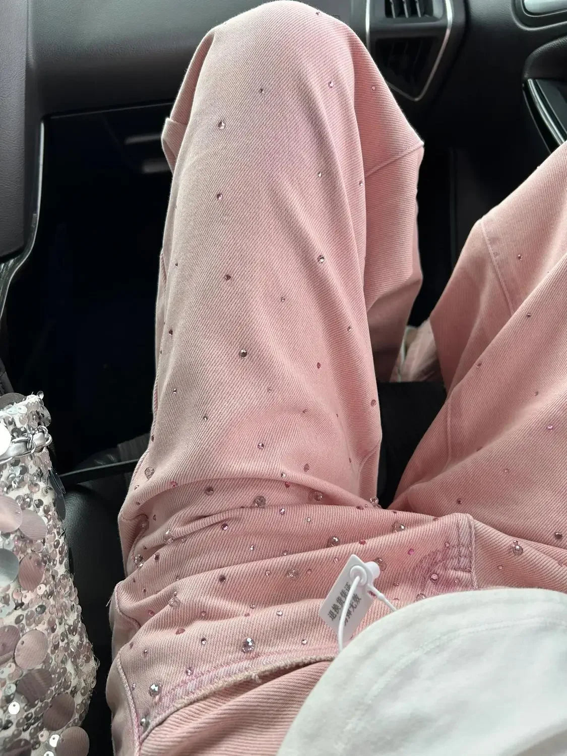 Pants for Women Ripped Trousers Pink with Rhinestones High Waist Shot Straight Leg Pockets Woman Jeans Retro Fashion Casual Wide